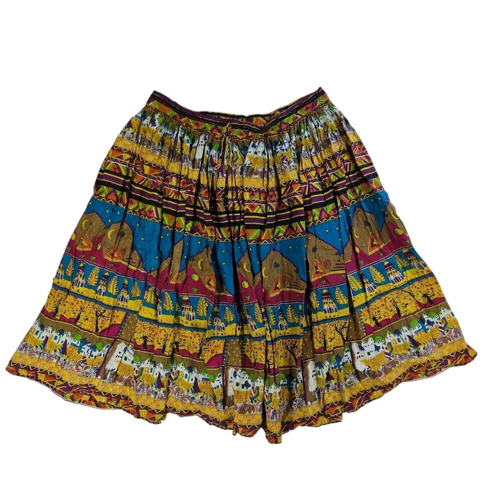 Colorful Boho Cotton Maxi Skirt Flowy Plus Size M Village Gypsy Peasant Folk Art